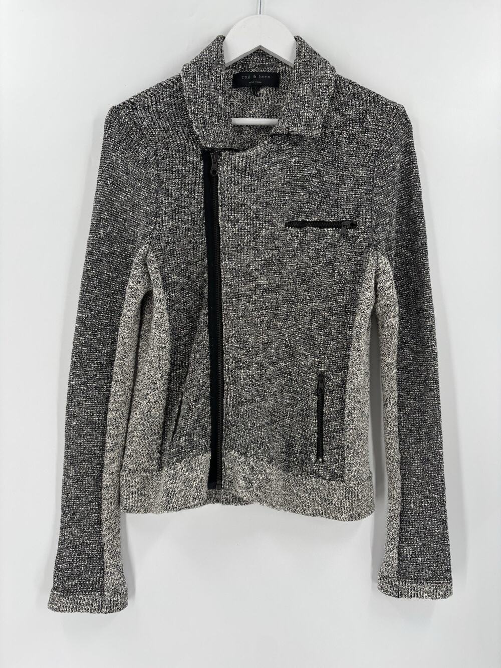Rag & Bone Moto Jacket Womens L Black White Marled Knit Asymmetrical Zip Pockets